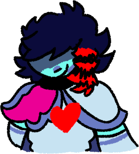  A chest-up drawing of the character Kris from Deltarune as they appear in the dark worlds. Kris is an androgynous human with cyan skin and shaggy, chin-length navy blue hair with bangs that cover a large portion of their face, and a piece in the front with red “raccoon tail” stripes. Their face is downturned and partially obscured in shadow, with their only visible features being their nose and smiling mouth. They wear a suit of silver and periwinkle knight-esque armor and have a pink cape draped over their right shoulder. Over their chest is a red heart, representing their soul.